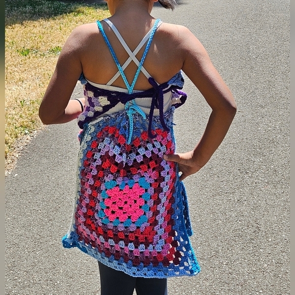 Hand Crafted crochet halter top split dress open back swim coverup multicolored - Picture 9 of 17